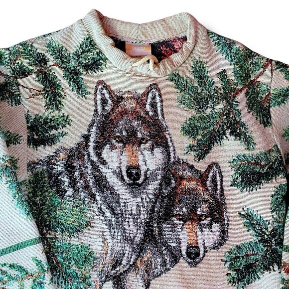 Vintage AU Art Unlimited Sportswear Mens Tapestry Pullover Sz S/M Wolves Nature - Picture 2 of 7